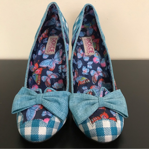 Dolce by Mojo Moxy Butterfly Heels | Bow Front Pumps | Blue Plaid - Picture 5 of 12